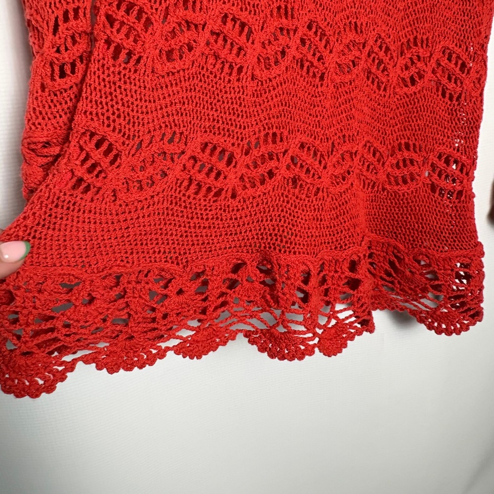 Coral Red Crochet L/S Boho Tunic Top Scalloped Hem Women Small Festival Renfair - Picture 3 of 9